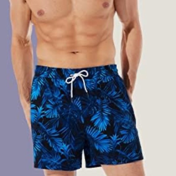 Men’s Blue Palm Swim Trunks 5” Compression Liner Shorts Stretch Zipper Pocket - Picture 14 of 14